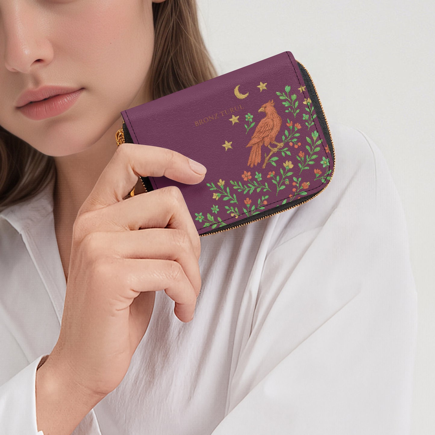 Purple Turul Bird Madár pouch wallet with bird and floral design on branches