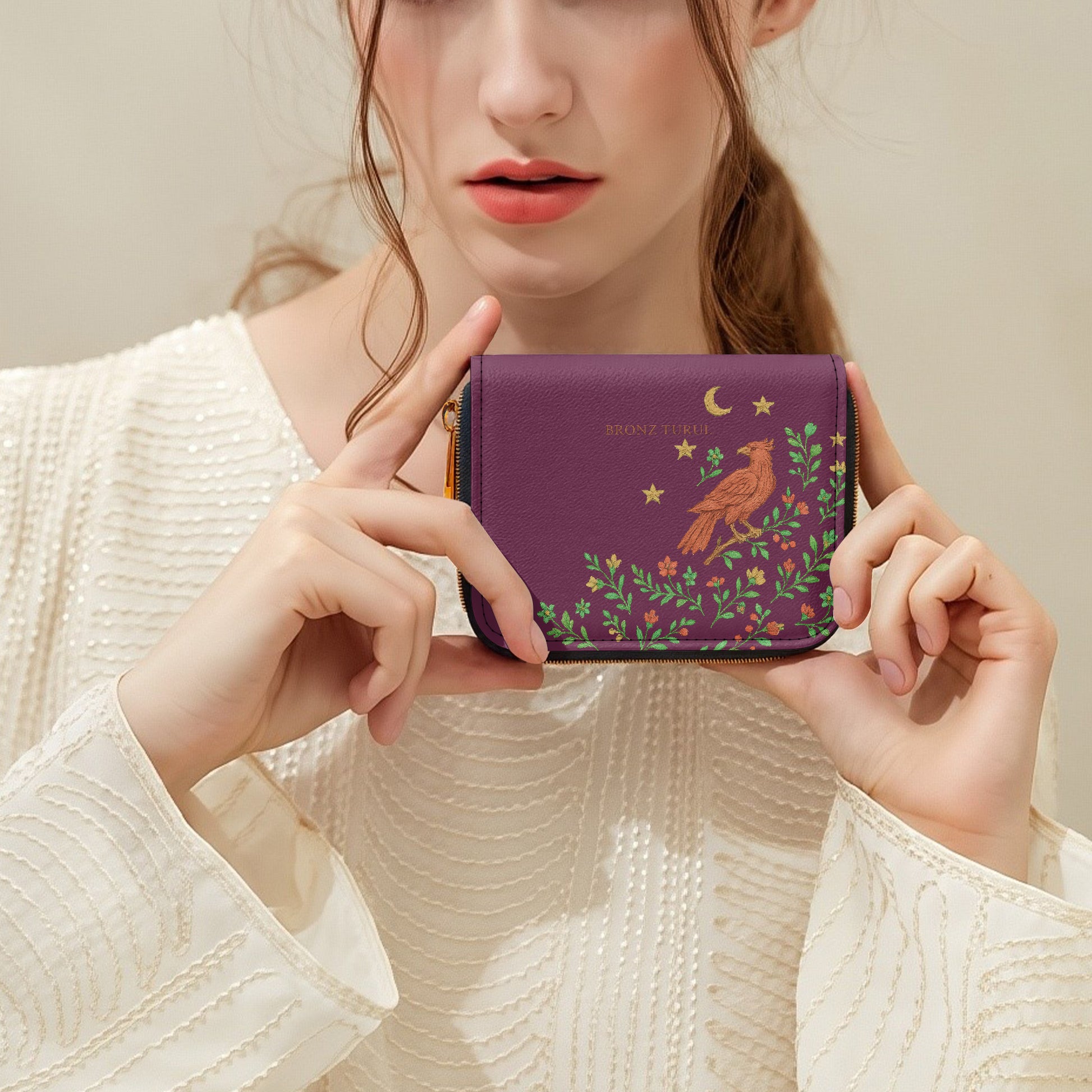 Purple Turul Bird Madár pouch wallet with bird and floral design on branches